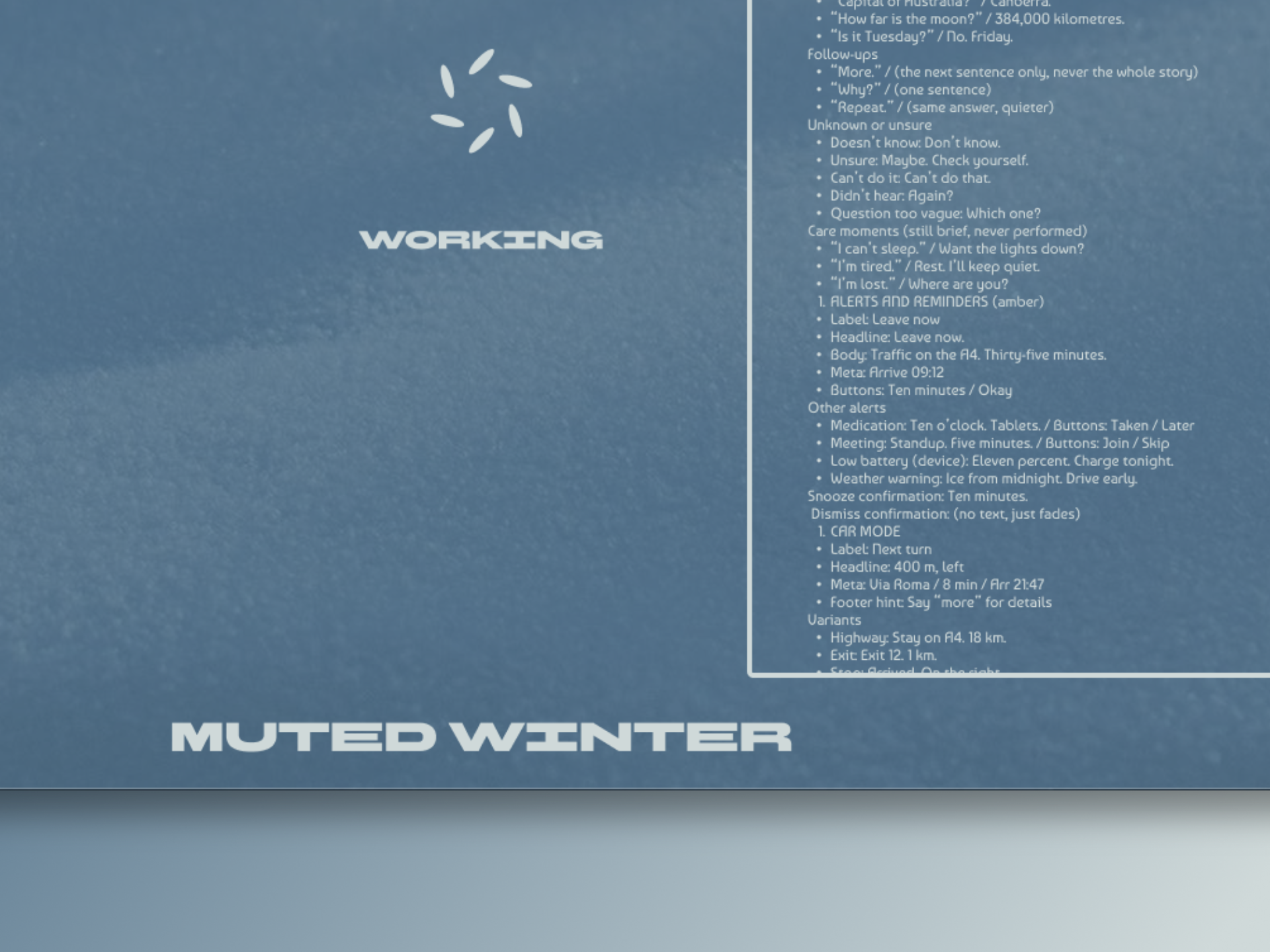 Muted Winter interface: the working state in the quiet hours