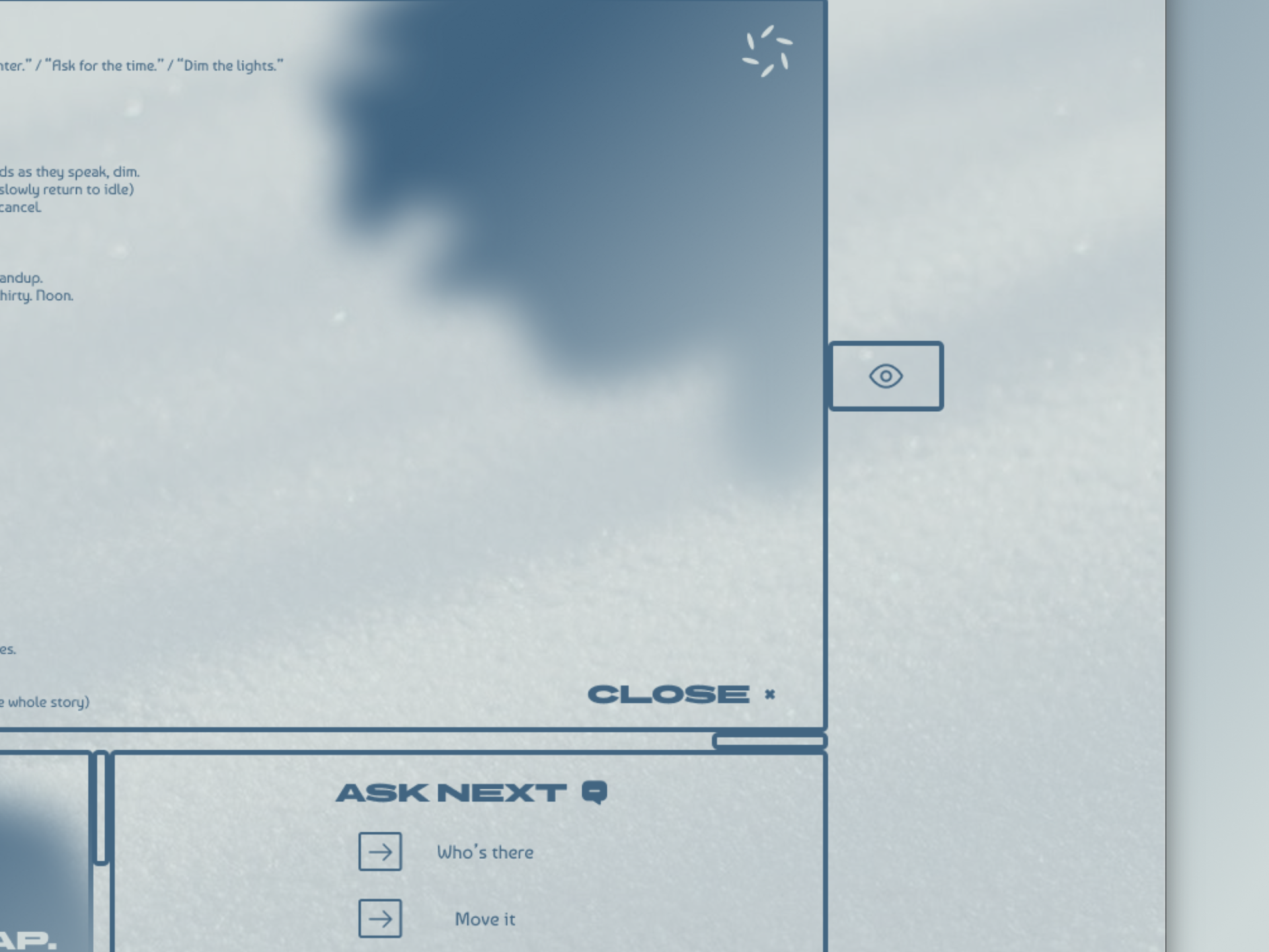 Muted Winter interface: the detail panel with Close and Ask next